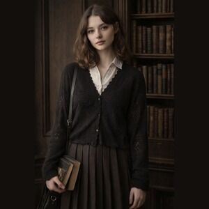 Frye Womens XXL Pointelle Knit Cardigan Sweater Scalloped V-Neck Minimalist 2XL